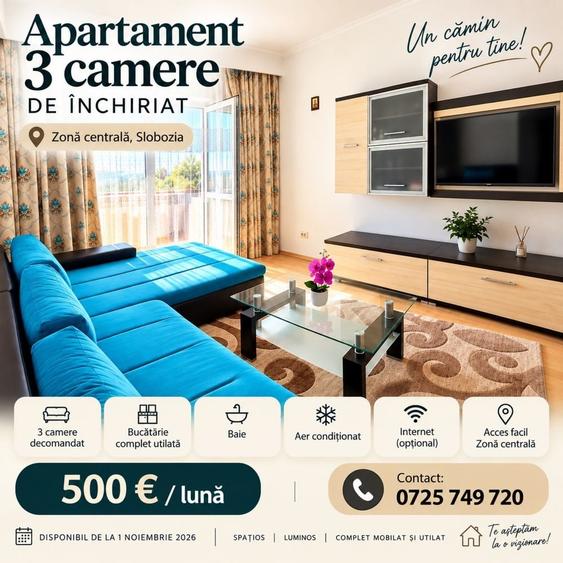 Apartament cu 3 camere decomandat în Central