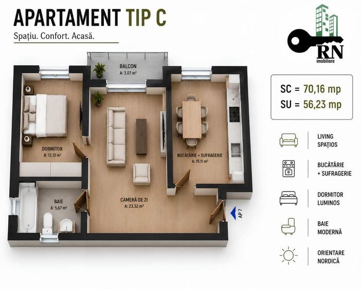 Apartament cu 3 camere în Central