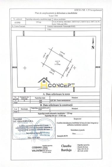 Teren Construcții intravilan de 329 mp, în Vidra