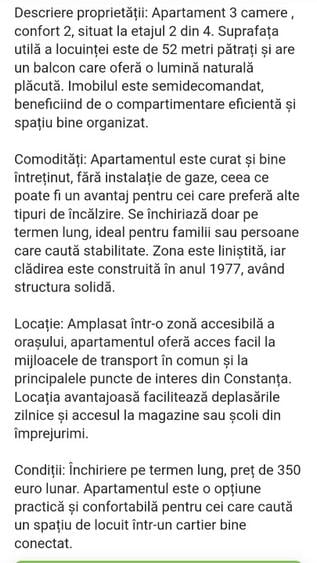 Apartament cu 3 camere semidecomandat în Tomis Nord