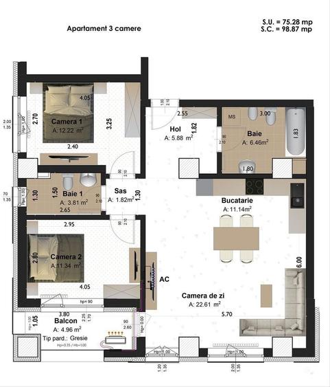Apartament cu 3 camere în Tudor