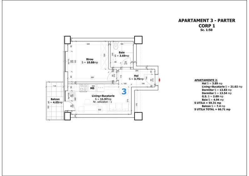 Apartament cu 2 camere decomandat în Otopeni