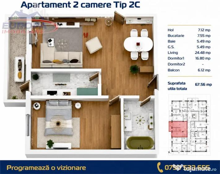 Apartament cu 2 camere decomandat în C5