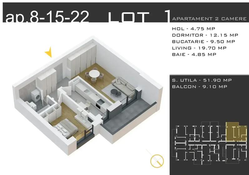 Apartament cu 2 camere decomandat în Titan