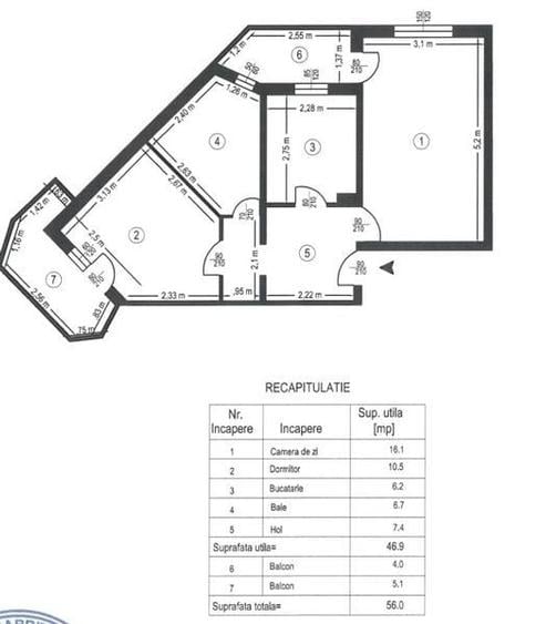 Apartament 2 camere - Central - etaj 1, 56mp, baie cu geam - 7