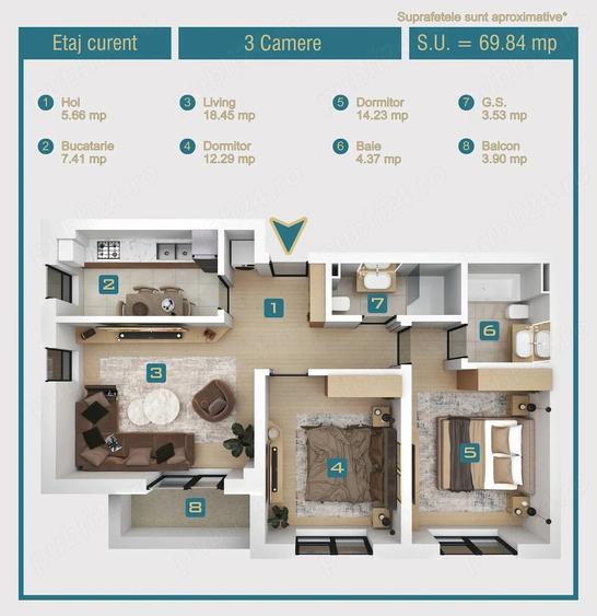 Apartament cu 3 camere decomandat în Chiajna