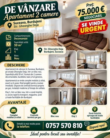 Apartament cu 2 camere decomandat în Burdujeni