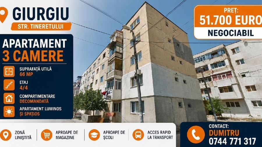 Apartament cu 3 camere decomandat în Tineretului