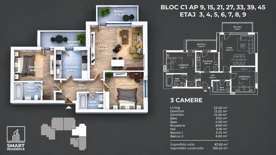 Apartament cu 3 camere semidecomandat, mobilat în Berceni