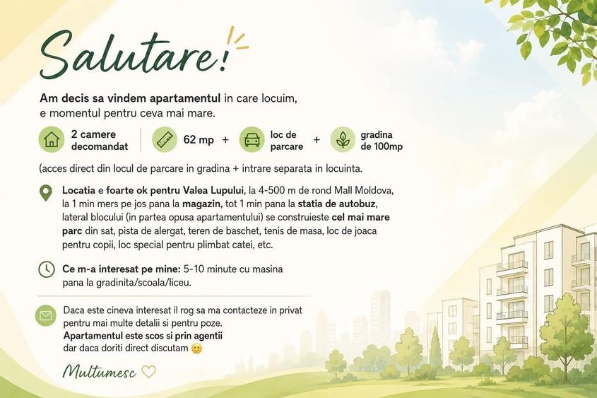 Apartament cu 2 camere decomandat în Valea Lupului