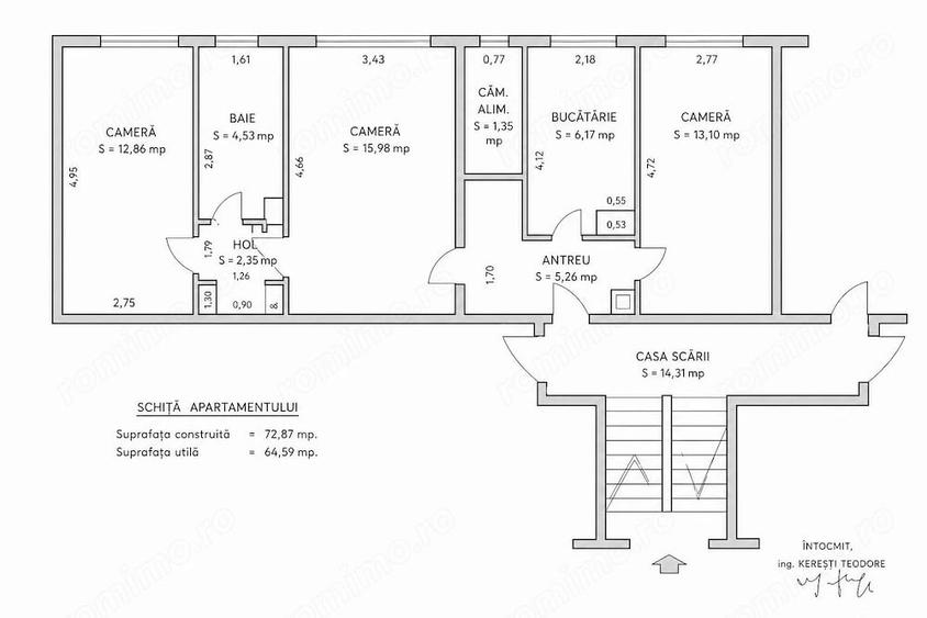 Apartament cu 3 camere semidecomandat în Central