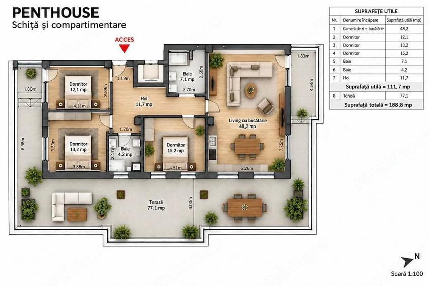 Apartament cu 4 camere decomandat în Central