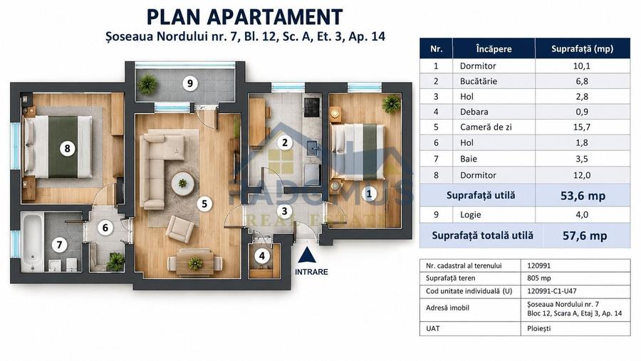 Apartament cu 3 camere în Nord