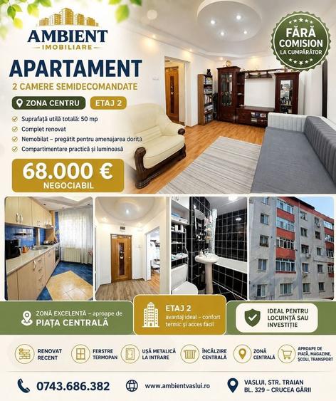 Apartament cu 2 camere semidecomandat în Central