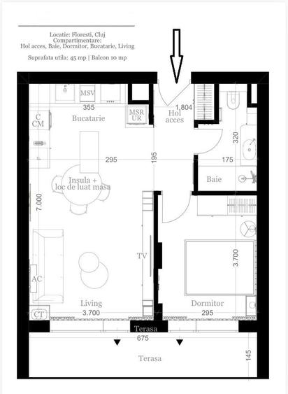 Apartament cu 2 camere semidecomandat, mobilat în Florești