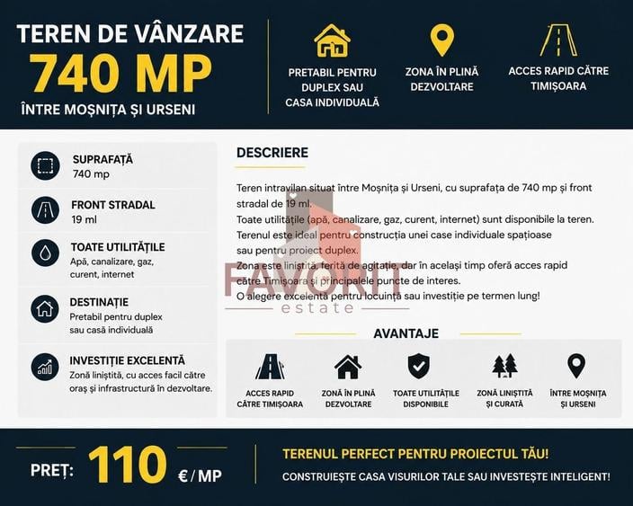 Teren Construcții intravilan de 740 mp, în Moșnița Nouă