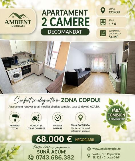 Apartament cu 2 camere decomandat, mobilat în Central