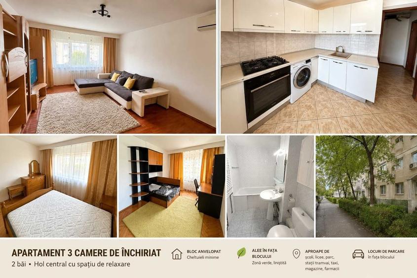 De inchiriat Apartament 3 camere 2 bai -spatios, complet utilat, zona verde, bloc anvelopat - 1