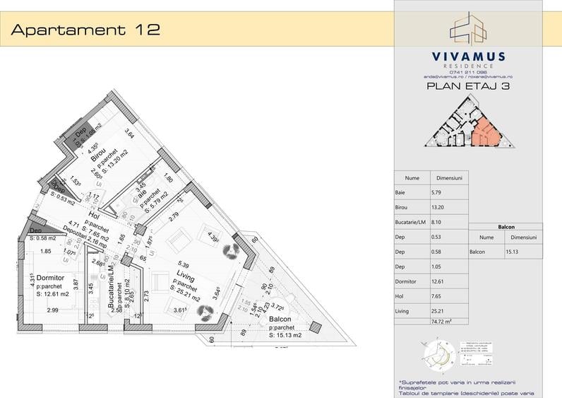 Apartament cu 3 camere în 13 Decembrie