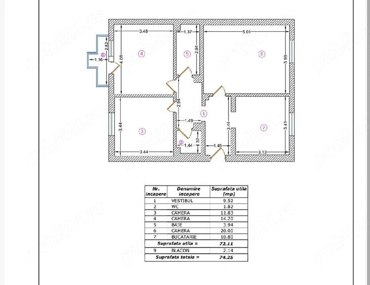Apartament cu 3 camere decomandat în Central