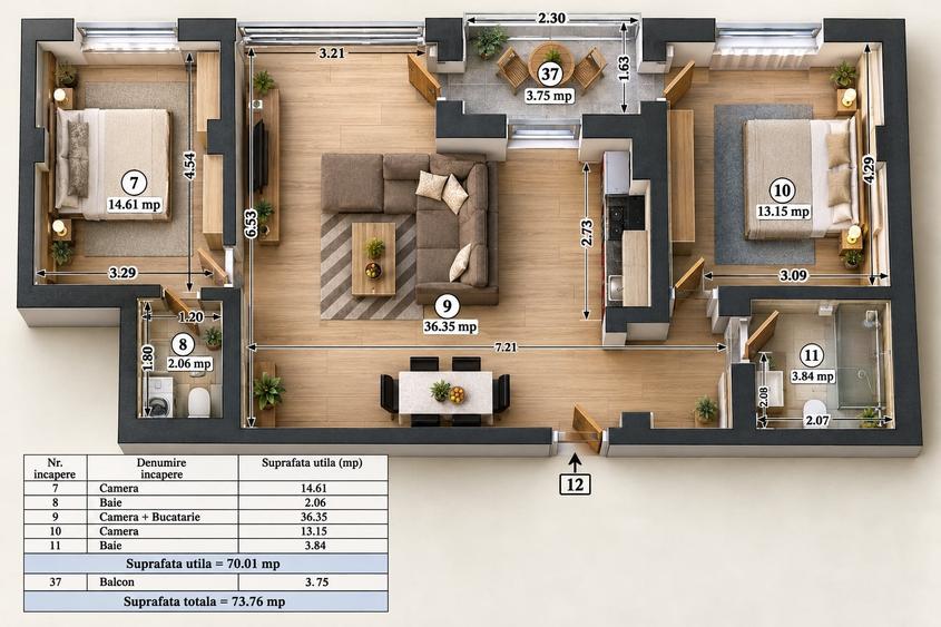 Apartament cu 3 camere semidecomandat, mobilat în Mamaia-Sat