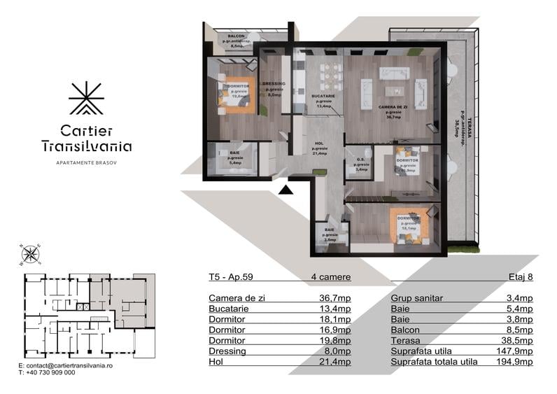 Apartament cu 4 camere decomandat în Noua