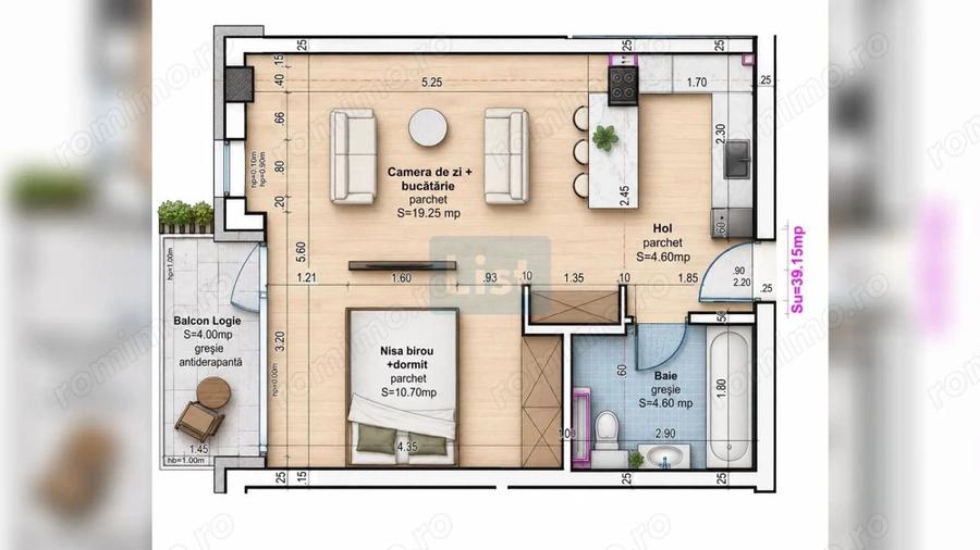 Apartament cu 2 camere semidecomandat în Baciu