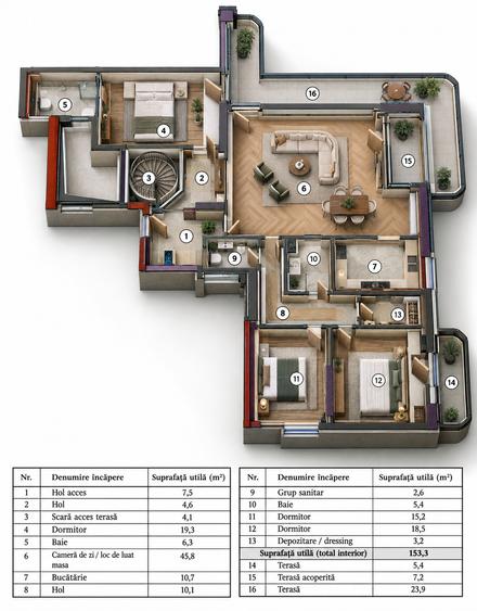 Penthouse cu 4 camere decomandat în Pipera