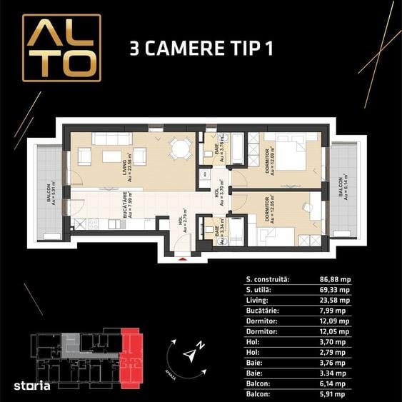 Apartament cu 3 camere în Central