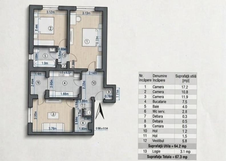 **Apartament cu 3 camere | 64,2 mp utili | 2 băi | Bloc 1985 | Etaj 7/8 | Sector - 17