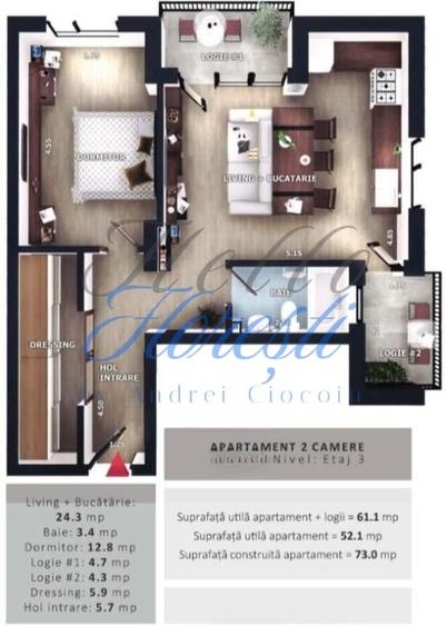 Apartament cu 2 camere semidecomandat în Florești
