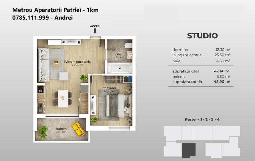 Metrou Aparatorii Patriei - studio 48.9mp - metrou 12 min - 4
