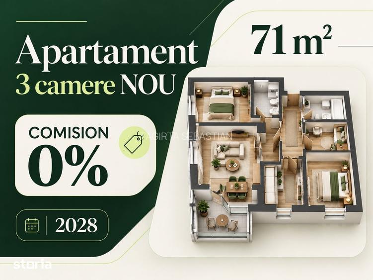 Apartament Nou 3 Camere 71 MP + Balcon 6 MP
