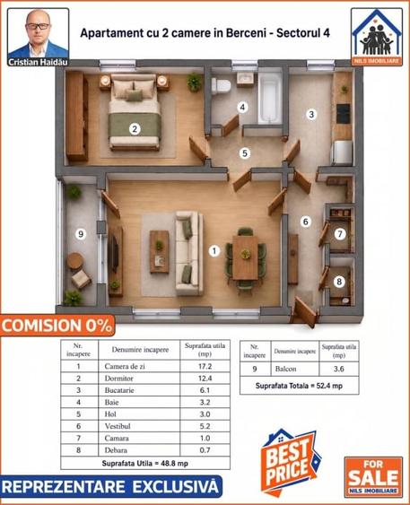 Apartament cu 2 camere, mobilat în Berceni