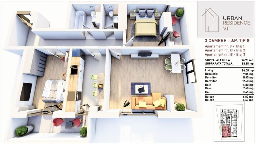 Apartament cu 3 camere decomandat în Central