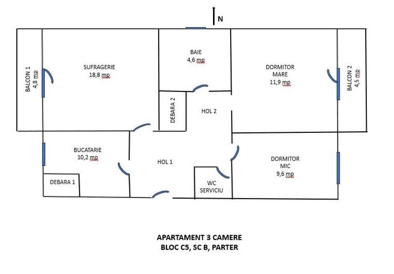 Apartament cu 3 camere decomandat în Central