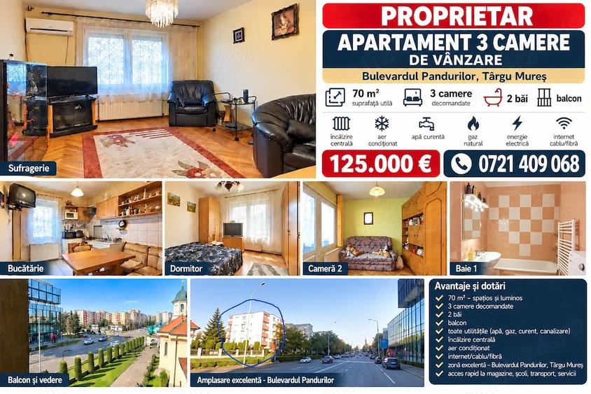 Apartament cu 3 camere decomandat în Tudor