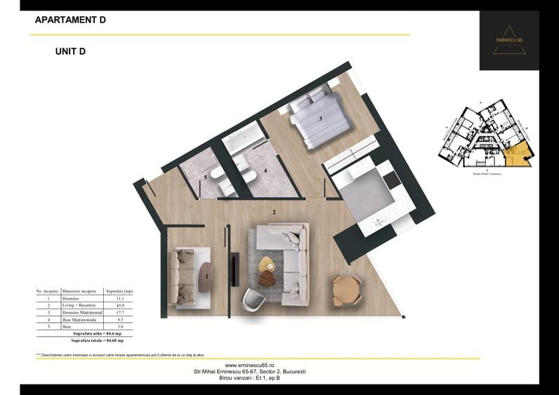 3 camere tip D | Eminescu 65 Residence | Finalizat | 423.000 Euro + TVA 21% - 20