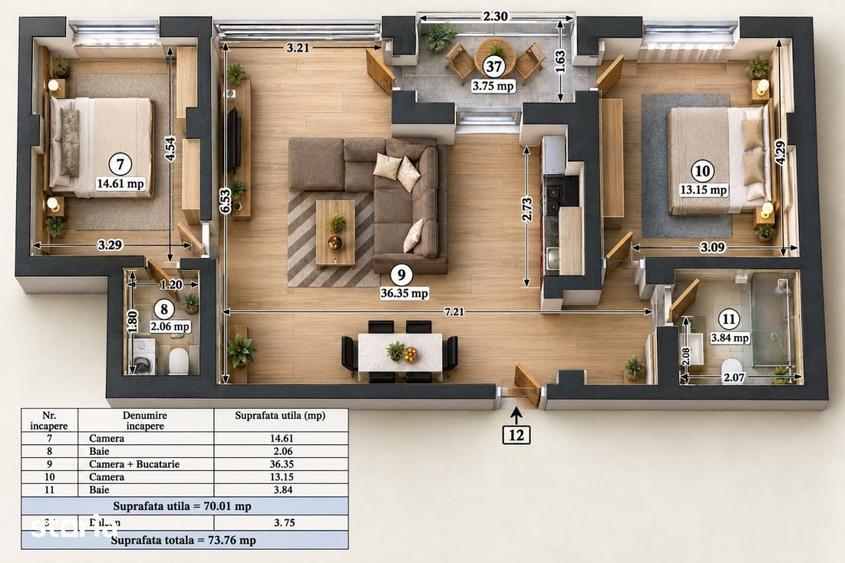 Apartament cu 3 camere în Nord