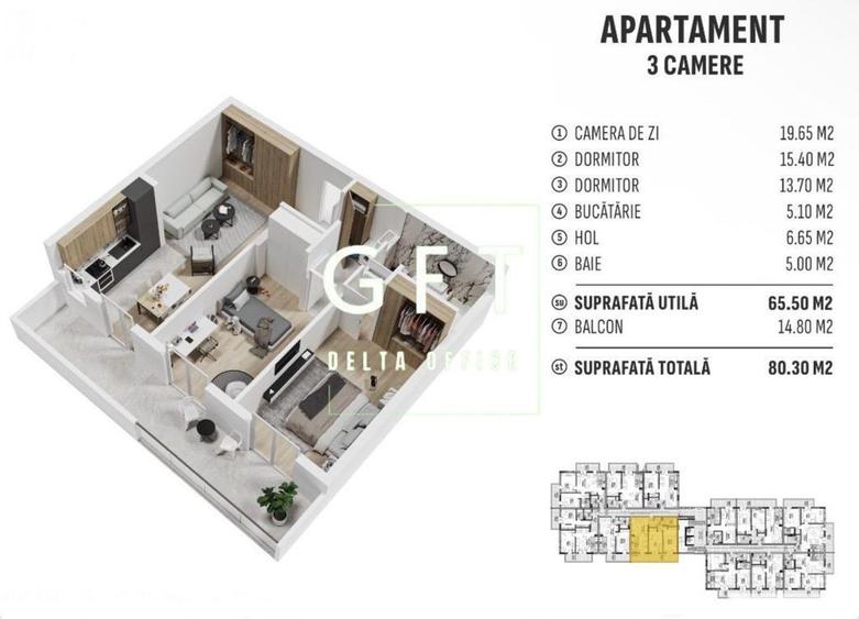 Apartament cu 3 camere decomandat în Centura