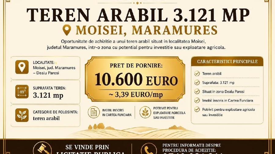 Teren agricol extravilan de 3121 mp, în Moisei