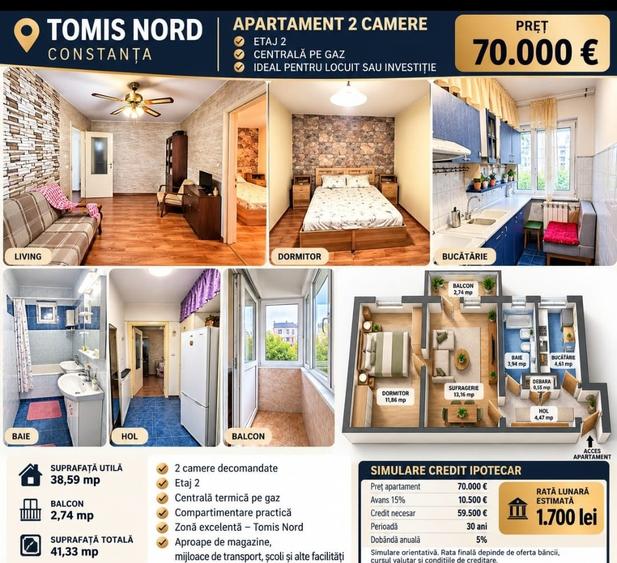Apartament cu 2 camere în Tomis Nord
