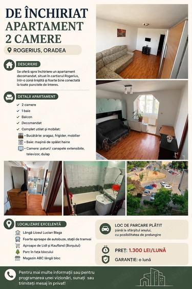 Apartament cu 2 camere decomandat în Rogerius