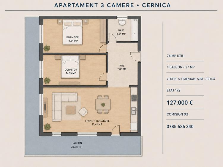 Apartament cu 3 camere decomandat în Cernica