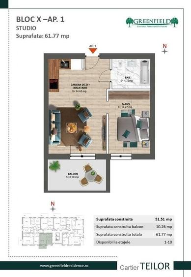 Apartament cu 2 camere semidecomandat în Nord