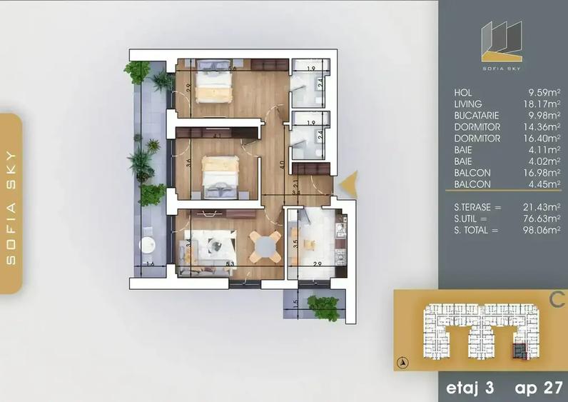 Apartament cu 3 camere decomandat în Titan
