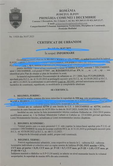 Teren Construcții intravilan de 550 mp, în 1 Decembrie