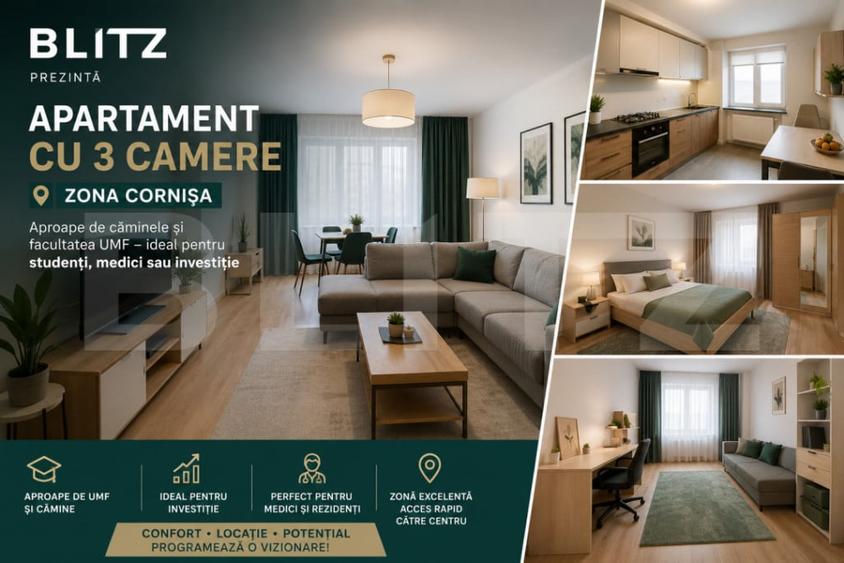 Apartament cu 3 camere semidecomandat în Central