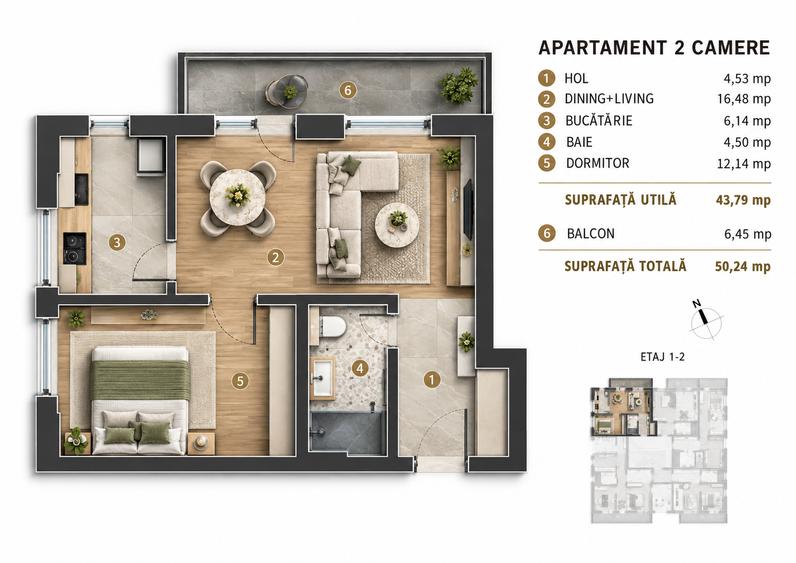 Apartament cu 2 camere semidecomandat în Sud