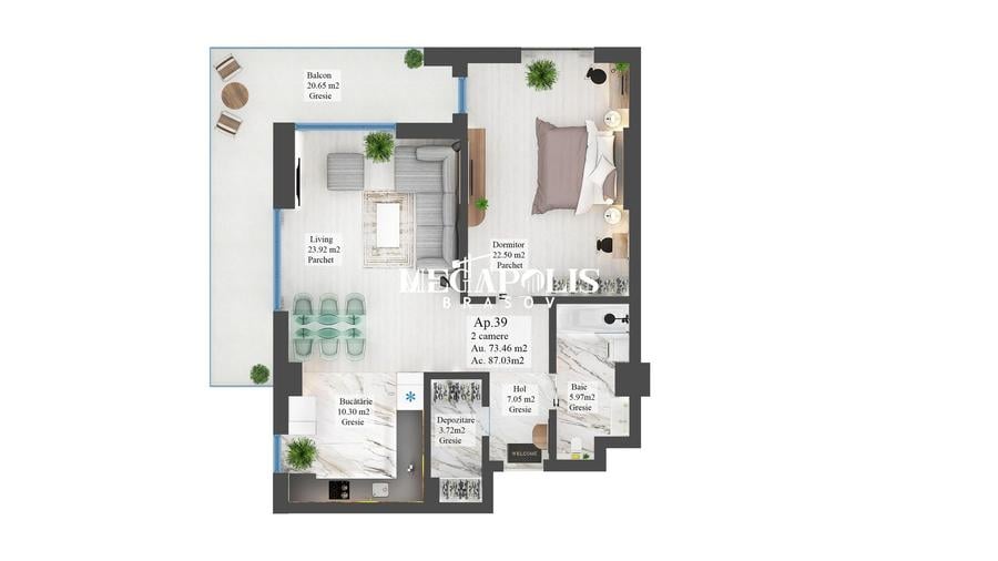 Apartament cu 2 camere semidecomandat în Calea București